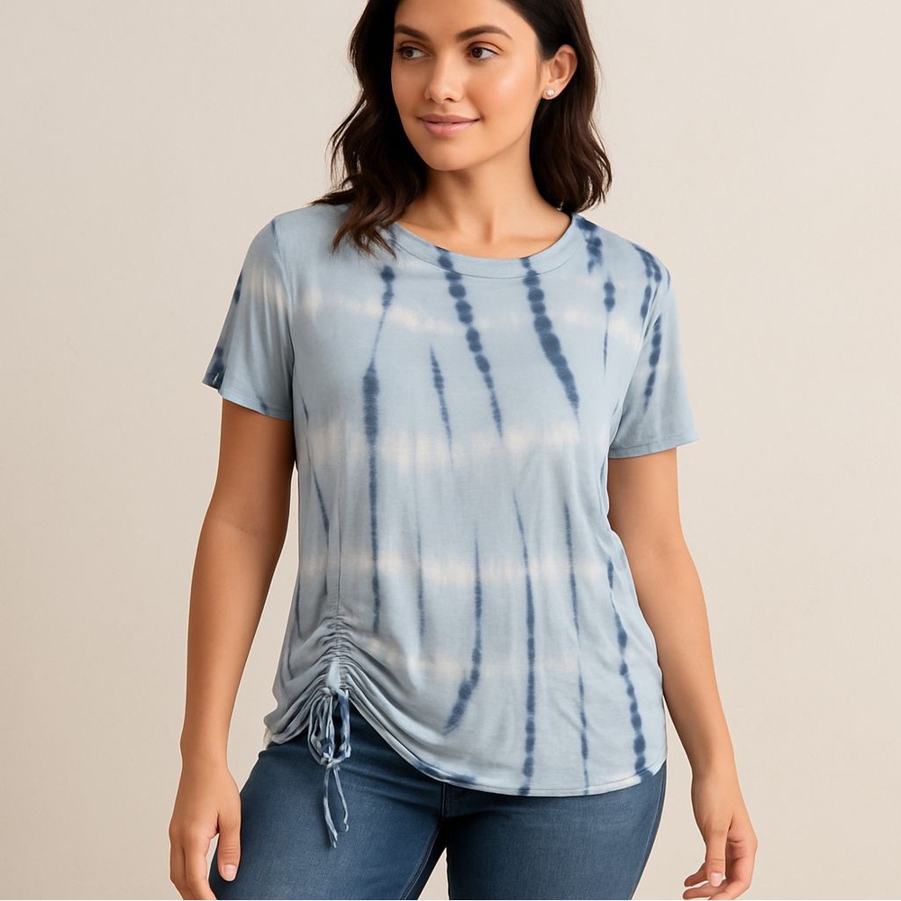 WallFlower Women’s Tie-Dye Side-Tie T-Shirt, Size 2X, Blue & White